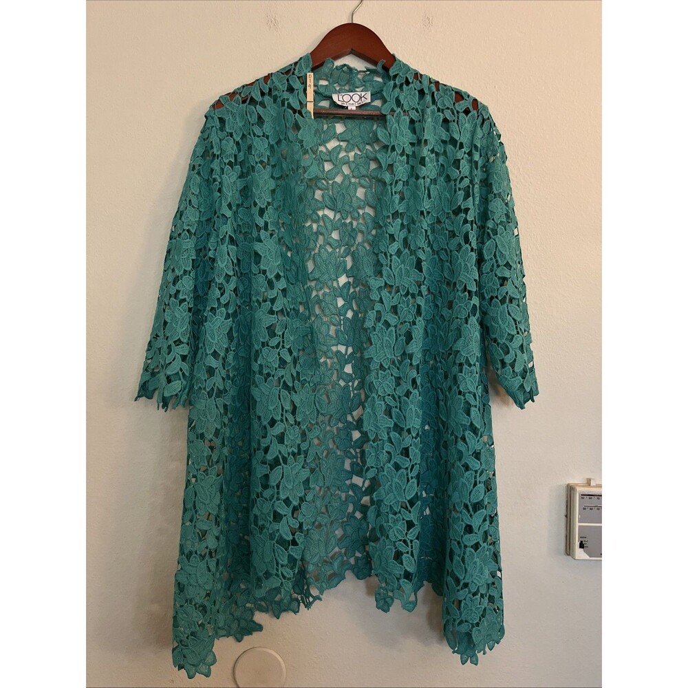 The Look Open Front Net Cut Work Floral Sharkbite Hem Crochet Cardigan SZ L